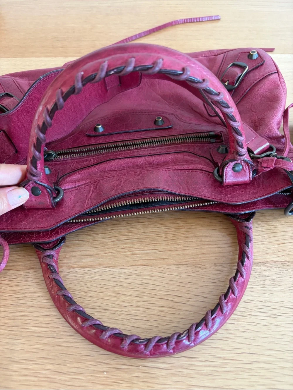 Balenciaga First Bag in Medium Burgundy/Wine color.